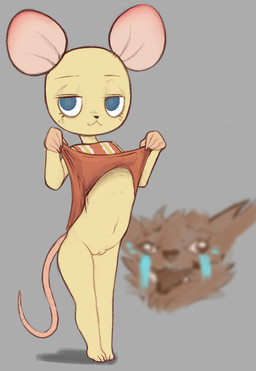 anthro barefoot blue_eyes bodily_fluids bottomless bottomless_female cheeky clothed clothing clothing_lift crying duo feet female flashing freckles genitals grey_background looking_at_viewer male navel sad shirt shirt_lift simple_background tail tears topwear vulva young young_anthro young_female strikerdrillo legends_of_avantris bitsy_(legends_of_avantris) torbek bugbear mammal mouse murid murine rodent 2025 english_description hi_res adult_(lore)