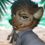 1:1 2022 anthro beach blue_body blue_eyes blue_fur blurred_background brown_body brown_fur brown_hair brown_nose clothed clothing day detailed_background digital_media_(artwork) ear_piercing ear_ring fur hair hi_res hyena looking_at_viewer male mammal mikksies_(character) open_mouth outside piercing ring_piercing sand seaside shoreline sky smile solo teeth tongue water wayn_animation