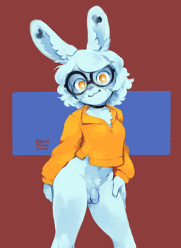 anthro balls blue_body blue_fur bottomless bottomless_anthro chest_tuft choker clothed clothing eyewear flaccid freckled_face freckles fur genitals glasses gynomorph hand_on_leg hand_on_thigh humanoid_genitalia humanoid_penis intersex jewelry long_ears looking_at_viewer necklace penis simple_background solo standing tuft yellow_eyes bestfriendforever besty_(character) lagomorph leporid mammal rabbit 2025 hi_res nonbinary_(lore)
