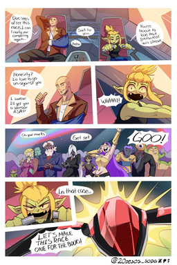 bald beard big_breasts black_bottomwear black_clothing black_shirt black_skirt black_topwear blonde_hair blush bottomwear breasts brown_clothing brown_jacket brown_topwear car_interior clothing dialogue eye_scar facial_hair facial_scar fangs female female_humanoid green_body green_skin hair humanoid_pointy_ears jacket male male_human open_mouth pointy_ears purple_hair racing scar shirt sitting skirt teeth text topwear white_hair yellow_sclera 20pesos_sopa liz_(20pesos_sopa) elf goblin human humanoid mammal absurd_res comic english_text hi_res