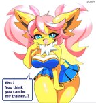 anthro blue_clothing blue_dress blue_eyes breasts cheerleader_outfit clothing dress female fur hair pink_hair solo text white_body white_fur yellow_body yellow_fur ando nintendo pokemon canid canine eeveelution generation_1_pokemon jolteon mammal pokemon_(species) absurd_res english_text hi_res