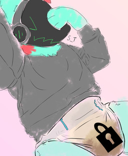 anthro blue_body blue_fur blue_hands blue_legs bodily_fluids clothing diaper eyes_closed feces fur genital_fluids grey_clothing grey_shirt grey_topwear hand_on_head lock_symbol machine male multicolored_body multicolored_fur red_body red_fur selfie shirt simple_background soiled_diaper soiling solo topwear two_tone_body two_tone_fur unclean_diaper urine used_diaper wet_diaper kittytwink protogen 2026 hi_res