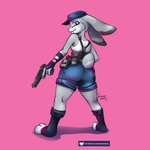 anthro belt big_butt butt butt_pose clothed clothing female fully_clothed fur grey_body grey_fur gun holding_gun holding_object holding_ranged_weapon holding_weapon looking_at_viewer looking_back pink_background pose purple_eyes ranged_weapon simple_background slim smile solo standing text toeless_legwear weapon kiaun disney zootopia judy_hopps lagomorph leporid mammal rabbit 1:1 2020 digital_media_(artwork) shaded url