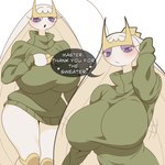 anthro big_breasts breasts clothed clothing curvy_figure female green_clothing green_sweater green_topwear huge_breasts looking_at_viewer pseudo_hair purple_eyes solo sweater topwear turtleneck white_body wide_hips plankzu nintendo pokemon arthropod generation_7_pokemon pheromosa pokemon_(species) ultra_beast absurd_res hi_res