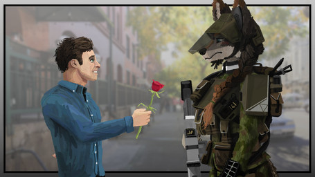 anthro biped braided_hair brown_hair clothing duo female flower gun hair human_on_anthro interspecies male military_uniform plant ranged_weapon rose_(flower) science_fiction side_view uniform weapon jayk_and resonant_evolution canid canine human mammal 16:9 2025 absurd_res digital_media_(artwork) hi_res widescreen