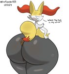 ambiguous_gender anthro between_butt big_butt butt fur huge_butt inner_ear_fluff profanity rear_view solo stick tail text thick_thighs tuft white_body yellow_body yellow_fur biofspades420 nintendo pokemon braixen canid canine generation_6_pokemon mammal pokemon_(species) digital_media_(artwork) english_text hi_res