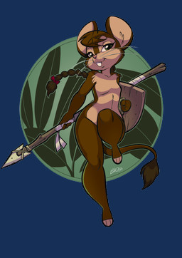 anthro braided_hair brown_body brown_fur buckteeth countershade_face countershade_neck countershade_torso countershading eyebrow_through_hair eyebrows feet female fur green_eyes hair long_hair melee_weapon nude polearm shield solo spear tail tail_tuft tan_body tan_countershading tan_fur tan_inner_ear tan_toes teeth toeless_(marking) translucent translucent_hair tuft weapon whiskers fabio_paulino mammal rodent 2020 alpha_channel signature