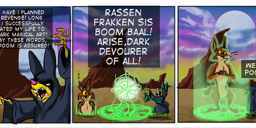 3_toes 4_fingers abstract_background anthro arm_tuft athletic athletic_anthro athletic_male aura backfire barefoot belly biped black_cloak black_clothing black_eyes black_magic black_nose black_robe blue_sky brown_body brown_fur buckteeth buckteeth_(lower_incisors) canyon casual_nudity cheek_tuft chest_tuft cloak clothing cloud cloudy_sky cotton_tail curse dark_arts dark_magic desert dialogue duo ears_back elbow_tuft emerging evil_grin facial_tuft feet fingers fthagn fur gradient_sky green_aura half-closed_eyes head_tuft humanoid_hands humor hungry knee_tuft leg_tuft licking licking_lips lines_drawn long_ears looking_at_another magic magic_circle magic_spell magic_user male mischievous mischievous_smile moon motion_lines multicolored_body multicolored_fur narrowed_eyes nude nudist oh_crap open_mouth outside paws pecs pink_nose pivoted_ears plantigrade purple_sky robe shadow shocked shoulder_tuft sinking sky skyscape smile social_nudity speech_box standing talking_to_another tan_belly tan_body tan_chest tan_fur teeth teeth_showing tempting_fate text toes tongue tongue_out tuft two_tone_body two_tone_fur walking whisker_spots whiskers white_eyes white_sclera wide_eyed wide_hips yellow_body yellow_fur yellow_sclera yellow_sky stevethedragon coyoteville cthulhu_mythos h._p._lovecraft cthulhu sean_o'desse canid canine canis coyote lagomorph leporid mammal rabbit 2013 colored comic detailed digital_drawing_(artwork) digital_media_(artwork) english_text shaded warm_colors