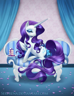accessory blue_eyes blue_eyeshadow bow_(feature) bow_accessory bow_ribbon cake confetti curtains cutie_mark dessert detailed_background eyeshadow female feral food fur furgonomics furniture hair horn makeup purple_hair ribbons smile sofa solo tail tail_accessory tail_bow tail_ribbon toony white_body white_fur sererena friendship_is_magic hasbro my_little_pony mythology rarity_(mlp) equid equine mammal mythological_creature mythological_equine unicorn 2011 detailed