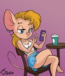 alternate_hairstyle anthro barefoot bent_legs blonde_hair blue_bottomwear blue_clothing blue_eyes blue_shorts bottomwear breasts cellphone chair cleavage clothed clothed_anthro clothed_female clothing coffee_cup container crossed_legs cup ear_piercing ear_ring electronics eyebrow_piercing facial_piercing feet female female_anthro fully_clothed fur furniture hair hairless_tail leg_over_thigh midriff navel on_chair phone piercing pink_background plantigrade purple_background ring_piercing shirt shorts side_cut simple_background sitting sitting_on_chair small_breasts smartphone soles solo table tan_body tan_fur tank_top toes topwear white_clothing white_shirt white_tank_top white_topwear wood wood_chair wood_furniture sankam chip_'n_dale_rescue_rangers disney gadget_hackwrench mammal mouse murid murine rodent 2020 signature