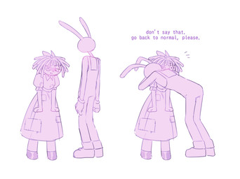 accessory anthro barefoot bodily_fluids bow_accessory bow_ribbon button_(fastener) clothed clothing crying doll dress eyelashes feet female footwear gloves hair hair_accessory hair_bow hair_ribbon handwear hug long_ears male overalls rag_doll_(toy) ribbons shoes short_hair simple_background size_difference sweat sweatdrop tears text white_background mikkiaru glitch_productions the_amazing_digital_circus jax_(tadc) ragatha_(tadc) animate_inanimate humanoid lagomorph leporid living_doll living_toy mammal rabbit comic english_text hi_res monochrome purple_and_white story story_in_description