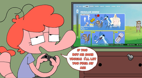 antennae_(anatomy) anthro blue_clothing blue_shirt blue_t-shirt blue_topwear clothed clothed_anthro clothed_female clothing controller eyewear female game_controller glasses hair holding_controller holding_game_controller holding_object imminent_anal looking_at_viewer pink_body rectangular_glasses red_hair screencap shirt solo t-shirt talking_to_viewer text topwear wearing_glasses barvey cartoon_network epic_games fortnite fortnite:_battle_royale regular_show gwen_(barvey) mordecai_(regular_show) rigby_(regular_show) aquatic arthropod crustacean shrimp 2026 digital_drawing_(artwork) digital_media_(artwork) english_description english_text hi_res