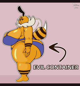 anthro big_breasts big_butt blue_bra blue_clothing blue_panties blue_underwear bra breasts butt clothing curvy_figure directional_arrow female huge_breasts huge_butt outline panties pink_background side_view simple_background smile solo stinger text thick_thighs underwear voluptuous white_outline wings yellow_body turismoturbo evil_container kacia arthropod bee hymenopteran insect english_text hi_res letterbox meme