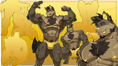 abs anthro areola balls barazoku beard biceps black_eyes black_hair bodily_fluids body_hair brown_body brown_fur chest_hair chest_tuft clothed clothing cum cum_splatter dotted_background facial_hair flexing flexing_bicep flexing_both_biceps fur genital_fluids genitals goatee hair looking_at_viewer male muscular muscular_anthro muscular_male navel nipples open_mouth open_smile pattern_background pecs penis pubes quads silhouette silhouetted_body simple_background smile solo tongue tongue_out trapezius tuft underwear underwear_only yellow_areola yellow_background yellow_clothing yellow_inner_ear yellow_nipples yellow_sclera yellow_tongue yellow_underwear re_baiz canid canine canis domestic_dog mammal 16:9 2025 4k absurd_res hi_res widescreen