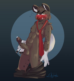 anthro balls blush bodily_fluids clothing drunk erection eyebrows fur genital_fluids genitals half-closed_eyes holding_penis humanoid_genitalia humanoid_penis inner_ear_fluff looking_at_viewer male mostly_nude narrowed_eyes necktie nipples penis precum simple_background smile solo substance_intoxication teeth tuft skylarkie aggretsuko sanrio haida_(aggretsuko) hyena mammal spotted_hyena 2018 hi_res signature