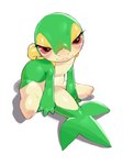 ambiguous_gender anthro azre biped blush generation_5_pokemon green_body green_tail hi_res leaf leaf_tail looking_at_viewer multicolored_body multicolored_tail nintendo on_ground pokemon pokemon_(species) red_eyes shadow simple_background sitting sitting_on_ground snivy solo tail tan_body tan_tail white_background yellow_body