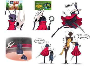 ambiguous_gender antennae_(anatomy) anthro arthropod_abdomen bathing beady_eyes black_eyes blush bracelet brown_body cloak clothing dialogue eyelashes eyes_closed female grey_cloak grey_clothing group hand_on_hip holding_object holding_weapon jewelry mask partially_submerged red_cloak red_clothing simple_background size_difference smile speech_bubble text trio weapon white_background spacemaxmarine a_bug's_life disney hollow_knight:_silksong hollow_knight_(franchise) pixar team_cherry the_ant_bully hornet_(hollow_knight) shakra_(hollow_knight:_silksong) the_knight_(hollow_knight) arthropod insect english_text hi_res