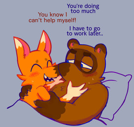 anthro bed bite blood blush bodily_fluids brown_body brown_fur cuddling duo fur furniture male male/male neck_bite orange_body orange_fur pillow pupils sharp_teeth slit_pupils teeth text superbellsubs animal_crossing nintendo crazy_redd tom_nook_(animal_crossing) canid canine fox mammal raccoon_dog tanuki english_text hi_res