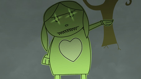 ambiguous_gender broom cleaning_tool clothing cloud cloudy_sky dress eyebrows glowing glowing_eyes green_body green_hair hair heart_(marking) heart_symbol intimidation markings mop pigtails plant roots sculpture sharp_teeth sky solo statue teeth tree unibrow web_series hjtheartist making_fiends animate_inanimate humanoid living_statue 2026 colored digital_drawing_(artwork) digital_media_(artwork) hi_res shaded widescreen
