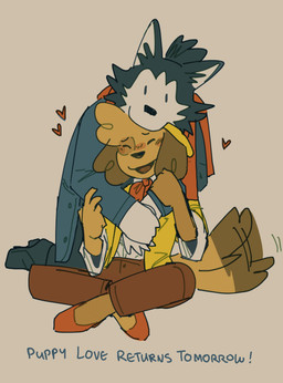 ambiguous_gender anthro biped black_body black_fur brown_body brown_fur duo floppy_ears fur heart_symbol hug pointy_ears tail tail_motion tailwag text white_body white_fur yellow_body yellow_fur doginacafe kip_(doginacafe) mason_(doginacafe) canid canine canis domestic_dog husky mammal nordic_sled_dog spitz 2025 english_text hi_res nonbinary_(lore)