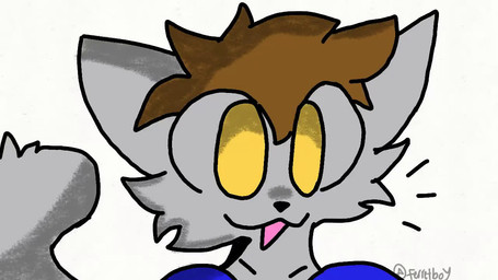 anthro biped blue_clothing blue_shirt blue_topwear brown_hair cheek_tuft clothing facial_tuft fur grey_body grey_fur grey_tail hair male mouth_closed open_mouth opening_mouth shirt solo tail topwear tuft yellow_eyes ferretboy269 tiberius_magnus domestic_cat felid feline felis mammal 16:9 2025 animated loop no_sound shaded short_playtime watermark widescreen