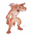 4_fingers 4_toes anthro axe caraid digitigrade feet fingers gnoll hi_res hyena looking_at_viewer male mammal melee_weapon simple_background smile solo spotted_hyena toes weapon white_background