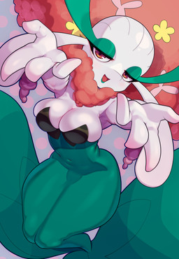 4_fingers abstract_background bald barely_contained barely_contained_breasts bedroom_eyes big_breasts breasts cleavage clothed clothing eyelashes female female_humanoid fingers flower glistening glistening_eyes green_body green_lips half-closed_eyes iris lips looking_at_viewer narrowed_eyes navel not_furry open_mouth open_smile plant pokemorph pupils reaching_towards_viewer seductive smile solo thick_thighs white_body white_sclera hitmanatee nintendo pokemon florges generation_6_pokemon humanoid pokemon_(species) red_flower_florges 2026 absurd_res digital_media_(artwork) full-length_portrait hi_res portrait shaded