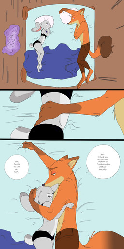 anthro bed clothed clothing female fur furniture grey_body grey_fur male pillow red_body red_fur text topless underwear unsigned otakurec37 spintherella disney zootopia judy_hopps nick_wilde canid canine fox lagomorph leporid mammal rabbit red_fox true_fox 2016 absurd_res comic english_text hi_res