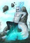 anthro clothed clothing fur hair male navel smile solo teeth topless hitmore canid canine mammal hi_res