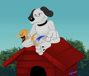 3_toes 4_fingers anthro beak black_collar black_ears blue_loose_feather closed_smile collar day doghouse duo eyes_closed feathers feet fingers fur holding_another holding_feather holding_object loose_feather male mouth_closed open_mouth open_smile outside restrained size_difference sky smile tan_beak tickle_fetish tickle_torture tickling tickling_feet toes tongue white_body white_fur yellow_body yellow_feathers glifer peanuts_(comic) snoopy woodstock_(peanuts) avian beagle bird canid canine canis domestic_dog hunting_dog mammal scent_hound hi_res