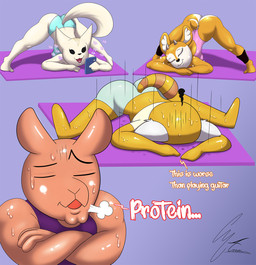 anthro ass_up athletic_wear black_nose bodily_fluids breasts cellphone clothed clothing electronics exercise exercise_clothing exercise_mat eyes_closed female group humor jack-o'_pose orange_body overweight overweight_female phone pose shirt simple_background spread_legs spreading sweat sweatdrop text tight_clothing tired topwear g4rron aggretsuko sanrio fenneko retsuko tsunoda_(aggretsuko) yoga_instructor_(aggretsuko) ailurid antelope bovid canid canine fennec_fox fox gazelle kangaroo macropod mammal marsupial red_panda thomson's_gazelle true_antelope true_fox hi_res meme
