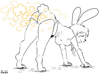 all_fours anthro barefoot black_eyebrows black_nose blush blush_lines bottomwear breasts butt clothing eyebrows eyes_closed fart fart_cloud feet female female_farting hair orange_fart_cloud rabbit_ears rear_view relieved shirt short_sleeved_shirt short_sleeves shorts smile solo stretching t-shirt text topwear yoga jubb lagomorph leporid mammal rabbit 2024 artist_name
