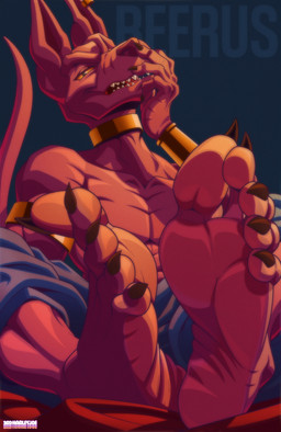 5_fingers 5_toes anthro armlet barefoot blue_background blue_bottomwear blue_clothing blue_pants bottomwear claws clothed clothing ear_piercing ear_ring feet fingers foot_focus hairless hand_on_face humanoid_feet jewelry light looking_at_viewer male necklace pants piercing plantigrade purple_body ring_piercing shadow sharp_teeth simple_background soles solo tail teeth text toe_claws toes topless yellow_sclera 3rdharleyjoe dragon_ball dragon_ball_super beerus domestic_cat felid feline felis hairless_cat mammal sphynx_(cat) artist_name character_name hi_res lighting shaded