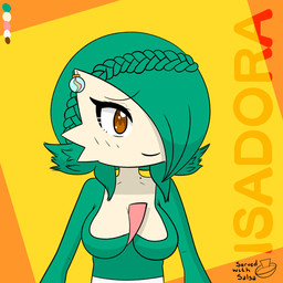braided_hair breasts brown_eyes cleavage clothed clothing color_swatch ear_piercing ear_ring evolutionary_stone female female_humanoid gardevoirite green_hair hair hair_over_eye medium_breasts mega_stone mega_stone_piercing not_furry one_eye_obstructed piercing ring_piercing short_hair simple_background smile solo text yellow_background servedwithsalsa nintendo pokemon isadora_(servedwithsalsa) gardevoir generation_3_pokemon humanoid pokemon_(species) 1:1 2023 character_name half-length_portrait hi_res portrait signature