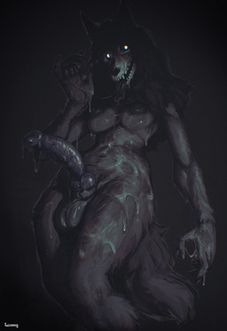 animal_genitalia anthro balls black_body black_fur black_hair bodily_fluids bone breasts cum cum_on_penis fur genital_fluids genitals gynomorph hair intersex knot nipples nude penis simple_background skull skull_head solo tail tussamag scp_foundation mal0 scp-1471-a canid canine malo mammal hi_res