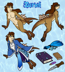 anthro blue_eyes book breasts brown_body brown_fur claws clothed clothing dagger female fin fur hair magic_user melee_weapon nude off/on pawpads paws simple_background smile solo tail toe_claws weapon amocin skylords zuriel_(skylords) mammal mustelid otter 2016 digital_media_(artwork)