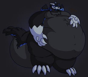 anthro belly belly_overhang feathered_tail feathers male moobs morbidly_obese obese overweight simple_background solo tail thick_tail jesper_skulldragon hadern_hadwads skulldragon absurd_res cel_shading hi_res shaded