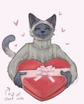 anthro bow_ribbon box_of_chocolates candy chocolate clothing dessert eyes_closed food fur heart_box heart_symbol holidays male multicolored_body multicolored_fur offering_to_viewer ribbons smile solo sweater topwear turtleneck two_tone_body two_tone_fur banoncat valentine's_day banoncat_(character) domestic_cat felid feline felis mammal siamese 2022 hi_res