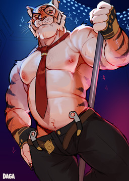 5_fingers anthro belt body_hair bottomwear chest_hair claws clothed clothing ear_piercing ear_ring fingerless_gloves fingers gloves handwear humanoid_hands jewelry male muscular muscular_anthro muscular_male necklace nipple_piercing nipples open_belt open_bottomwear open_clothing open_pants pants piercing pink_nipples pole ring_piercing solo stripper stripper_pole hexedcoin epic_games fortnite oscar_(fortnite) felid mammal pantherine tiger 2025 absurd_res colored hi_res signature