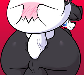 anal anal_penetration anthro balls big_butt black_body black_hair black_outline blue_eyes blush butt covering covering_face duo embarrassed genitals hair looking_back male male/male multicolored_body nude outline penetration penis perineum rear_view sex simple_background smile two_tone_body white_body ekkokenight mario_bros nintendo mime_(ekkokenight) boo_(mario) ghost lagomorph leporid mammal rabbit spirit digital_media_(artwork) hi_res