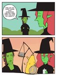 annoyed balance_scale black_clothing black_dress clothing crossed_arms dialogue dress duo female freckled_face freckles gold_(metal) green_body green_skin hair_between_eyes hat headgear headwear humanoid_pointy_ears magic_user pointy_ears sky standing text witch witch_hat bonnymama7 elphaba_(bonnymama7) humanoid absurd_res comic english_text hi_res meme