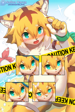 :3 accessory anthro armband beach belt biped black_nose blush blush_lines bodily_fluids bow_ribbon brown_claws brown_stripes chest_tuft circle_eyebrows claws cloud convenient_censorship cum cum_in_hair cum_on_face eyebrows female female_anthro fingers fur furgonomics genital_fluids green_armband green_eyes green_ribbon hair inner_ear_fluff kemono looking_at_viewer markings multicolored_body multicolored_fur navel open_mouth open_smile outside patreon_logo patreon_username red_ribbon ribbons sand sea seaside sitting sky smile smiling_at_viewer solo spread_legs spreading striped_body striped_fur striped_markings striped_tail stripes tail tail_accessory tail_bow tail_markings tail_ribbon text tongue tongue_out tuft water website_logo whiskers white_body white_eyebrows white_fur white_inner_ear_fluff yellow_body yellow_fur yellow_tail sollyz cygames patreon world_flipper mia_(world_flipper) asterozoan echinoderm felid mammal marine pantherine starfish tiger 2020 2:3 digital_media_(artwork) hi_res url