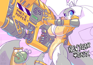 ambiguous_gender anthro black_eyes blue_eyes breasts brown_body cleavage clothed clothing duo explosives eyebrows female fully_clothed fur gloves grenade grey_body grey_fur gun hair handwear holidays looking_at_viewer nipple_outline nude nude_ambiguous nude_anthro purple_background ranged_weapon simple_background tan_body unibrow weapon white_body white_fur white_hair conditional_dnp jollyjack new_year chloe_sinclaire jolly_jack_(character) cricetid hamster mammal mephitid rodent skunk 2025 male_(lore)
