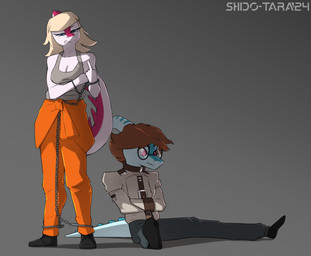 angry ankle_cuffs anthro bent_arm black_clothing black_footwear black_shoes blonde_eyebrows blonde_hair blue_body blue_eyes blue_scales bottomwear bound brown_eyebrows brown_hair chain chained clenched_teeth clothing cuff_(restraint) eyebrows eyewear female footwear frown gesture glasses gradient_background grey_background grey_bottomwear grey_clothing grey_pants grey_shirt grey_tank_top grey_topwear hair hand_gesture handcuffed handcuffs lock long_hair long_tail looking_aside looking_at_viewer male markings medium_hair metal_cuffs middle_finger multicolored_body multicolored_scales narrowed_eyes orange_bottomwear orange_clothing orange_pants pants prison_uniform purple_eyes raised_eyebrow red_body red_scales restrained restraints round_glasses scales shirt simple_background sitting spiked_tail spikes spikes_(anatomy) standing straitjacket striped_markings stripes tail tan_clothing tan_topwear tank_top teeth text topwear two_tone_body two_tone_scales white_body white_scales conditional_dnp shido-tara cavemanon_studios i_wani_hug_that_gator benjamin_mcknight mia_moretti dinosaur hadrosaurid ornithischian ornithopod parasaurolophus prehistoric_species reptile scalie 2024 artist_name colored hi_res shaded sketch