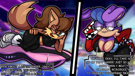anthro bite biting_lip black_bottomwear black_clothing black_nose black_pants black_shirt black_tank_top black_topwear blue_hair bottomwear breasts brown_body brown_fur brown_hair cleavage clothed clothing countershade_face countershade_torso countershading dialogue duo extreme_gear eyelashes eyewear female femboy fluffy fluffy_tail footwear fur glasses grey_clothing grey_footwear grey_shoes hair hand_on_hip leaning leaning_forward lying male midriff on_side one_eye_closed open_mouth open_smile pants ponytail shirt shoes smile tail tank_top text topwear wink yellow_eyes derocrossh sega sonic_racing:_crossworlds sonic_the_hedgehog_(series) fan_character canid canine fox lagomorph leporid mammal rabbit 16:9 english_text hi_res widescreen