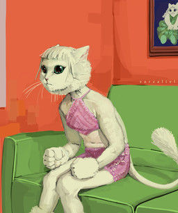 ambiguous_gender angry anthro bangs clothing fur green_eyes picture_frame pink_clothing pink_nose sitting solo tail tail_tuft tan_body tan_fur tuft whiskers wide_eyed zarzaliel domestic_cat felid feline felis mammal absurd_res hi_res