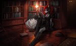 4_toes 5_fingers anthro black_nose book eyebrows eyelashes feet female fingers hair holding_book holding_object reading red_eyes red_hair smile solo toes fruitbloodmilkshake canid canine canis mammal wolf 2020 digital_media_(artwork) hi_res