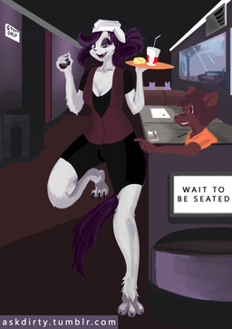 3_toes ambiguous_gender anthro biped black_bottomwear black_claws black_clothing black_nose black_shorts black_topwear bottomwear breasts brown_body brown_ears brown_fur brown_hair car claws clothed clothing detailed_background diner duo feet female fully_clothed fur furniture grey_body grey_breasts grey_ears grey_fur hair hat headgear headwear holding_object inside open_mouth orange_clothing orange_topwear purple_clothing purple_eyes purple_hair purple_topwear purple_vest restaurant shorts sitting small_breasts snout solo_focus table teeth text toes topwear vehicle vest waiter white_clothing white_hat white_headwear dirtyscoundrel canid canine canis domestic_dog mammal wolf 2015 absurd_res digital_media_(artwork) digital_painting_(artwork) english_text hi_res painting_(artwork) url