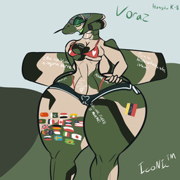 aircraft anthro bedroom_eyes big_breasts bikini body_writing bottomwear breasts camo camo_print clothed clothing female front_view hand_on_hip hotpants huge_hips huge_thighs looking_at_viewer machine minishorts narrowed_eyes open_mouth outside seductive shorts skimpy solo standing swimwear text thick_thighs thong_straps two-piece_swimsuit vehicle venezuelan_flag wide_hips iconictm voraz_(iconictm) aeromorph living_aircraft living_machine living_vehicle 1:1 hi_res spanish_text translated