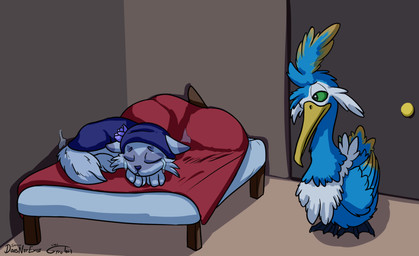 avian_feet beak blue_body facial_markings feathered_crest feathered_wings feathers feet feral green_eyes head_crest head_markings male markings mask_(marking) membrane_(anatomy) messy_feathers sleeping tail tail_feathers toes webbed_feet white_markings wings yellow_markings doesnotexist gyrotech nintendo pokemon fan_character loto_(virulence) thunk_(gyro) avian cramorant generation_8_pokemon generation_9_pokemon pokemon_(species) sprigatito hi_res